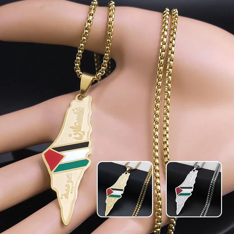 Stainless steel Israel and Palestine map pendant necklace in gold and silver colors