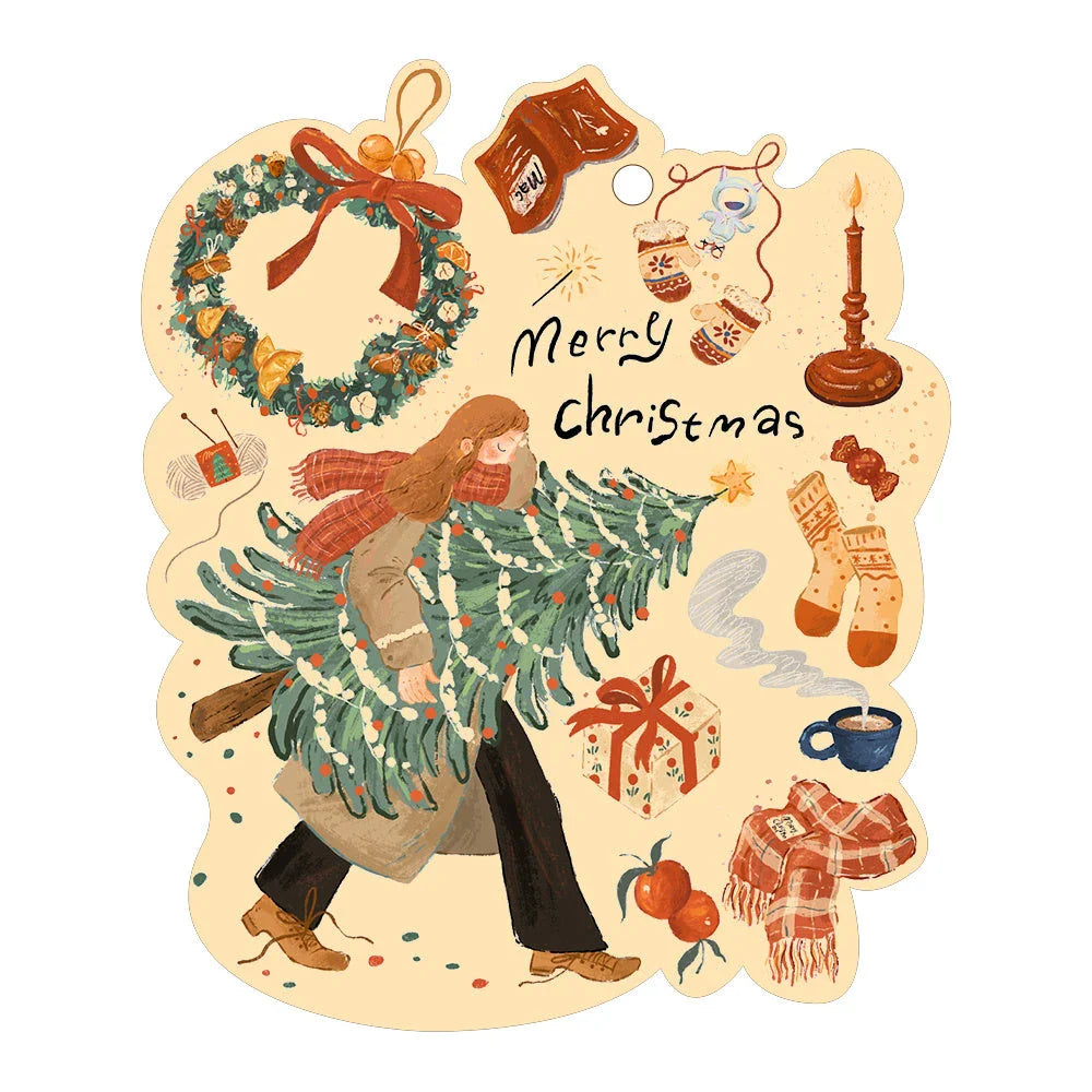 Festive car ornament hanging from rearview mirror with Christmas designs