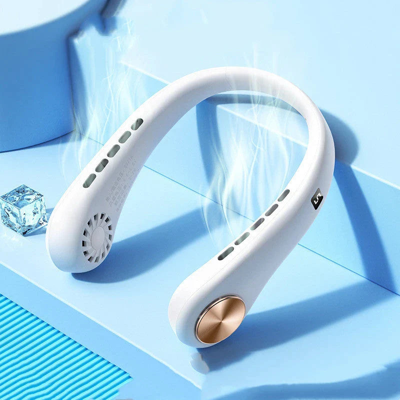 Portable bladeless neck fan with rechargeable air cooler for hands-free cooling in various colors and sizes
