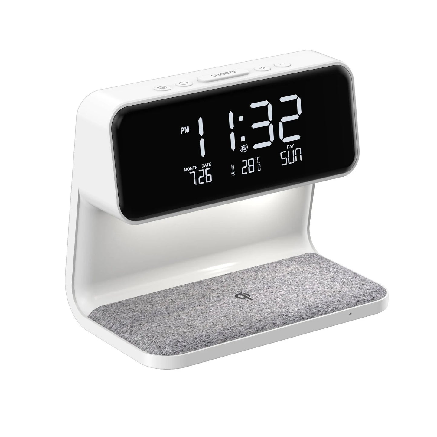 3-in-1 Wireless Charging Bedside Lamp with Adjustable LED Lighting, Alarm Clock, and Wireless Charging Pad