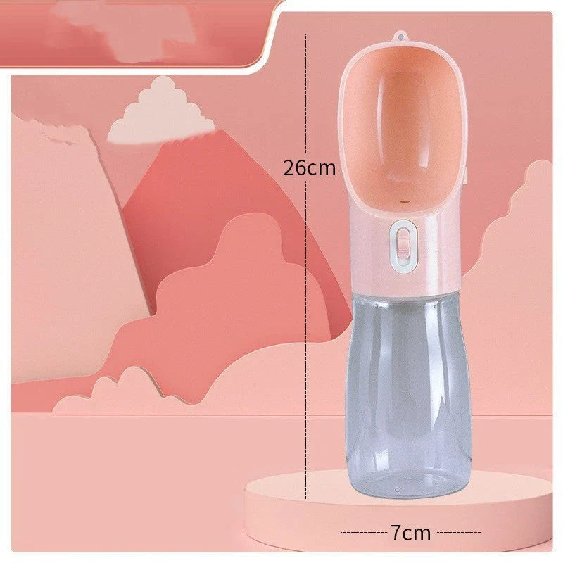 Portable pet water bottle and food bowl made of durable plastic, available in multiple colors for outdoor adventures with your furry friend.