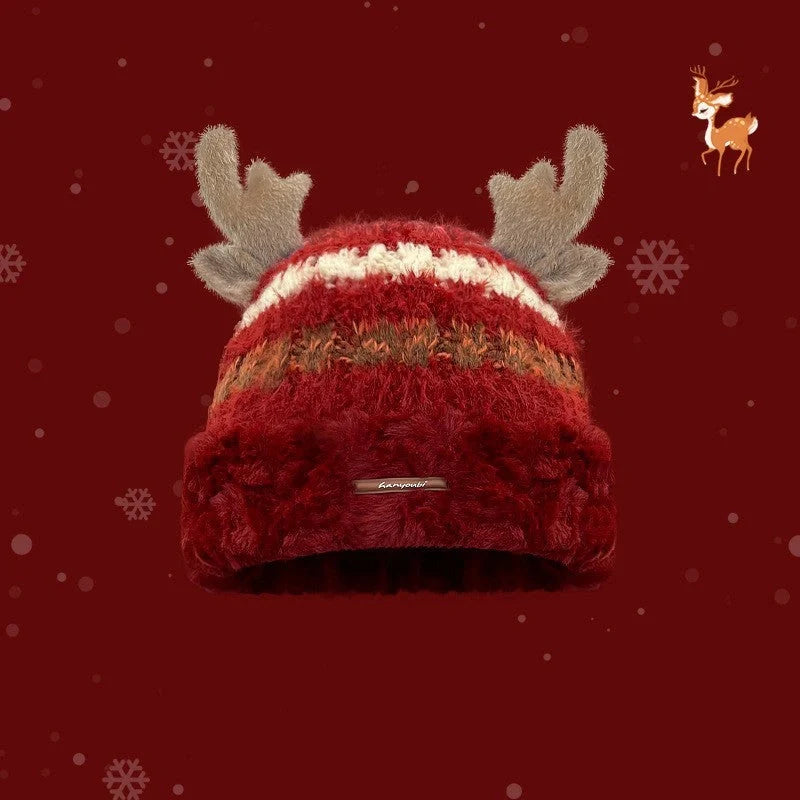 Christmas knitted deer antler hat in various colours for winter warmth