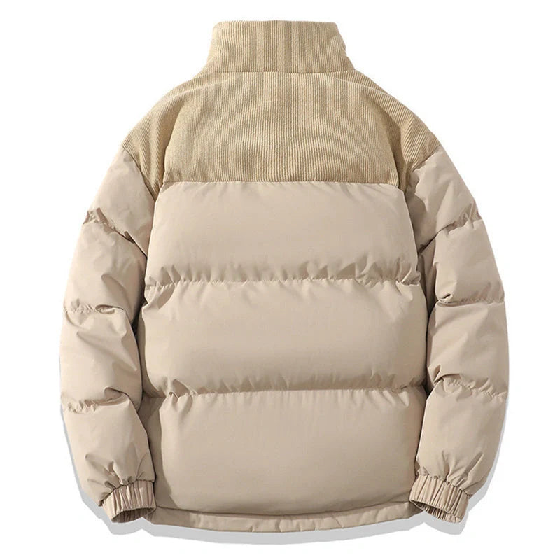 A stylish padded winter coat with contrast-coloured accents, designed for both men and women to stay warm and look fashionable.