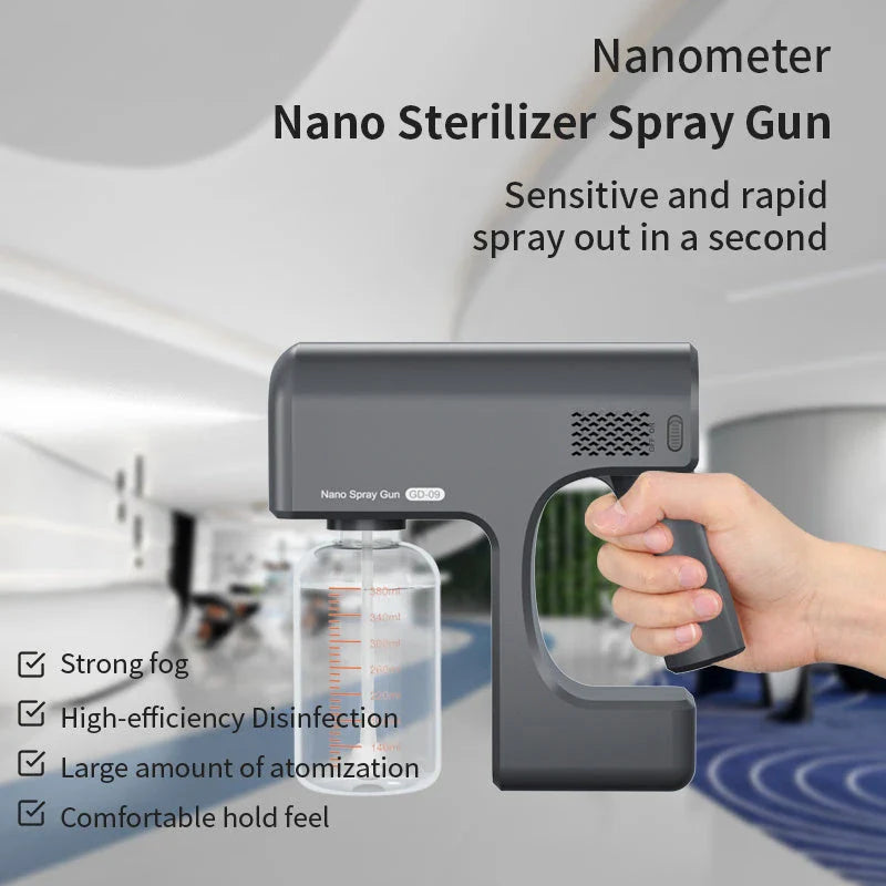 Powerful cordless disinfecting sprayer with rechargeable battery, adjustable spray settings, and compact portable design for thorough home sanitization