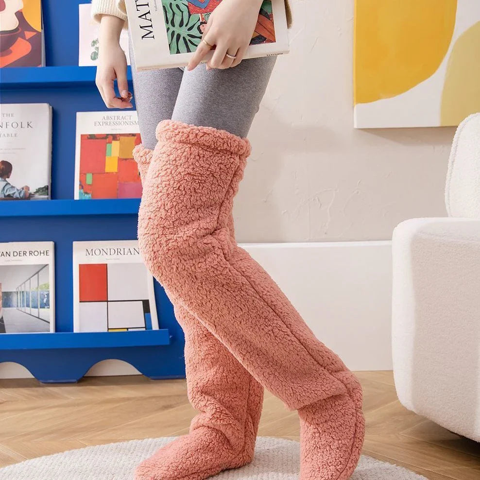 Cozy over-the-knee fuzzy socks in various colors, including brown, blue, dark gray, and pink purple