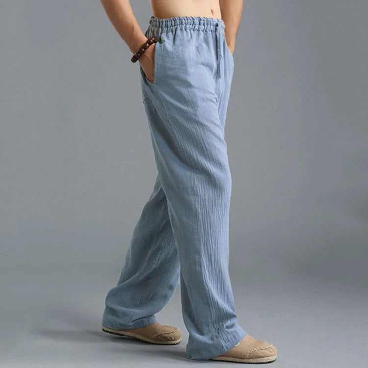 Men's breathable linen loose-fit sports pants in khaki, black, light blue, and off-white
