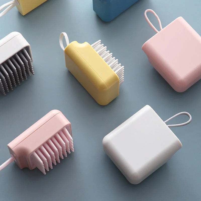 Soft TPR Pet Bath Massage Brush for dogs and cats in white, pink, blue, and yellow
