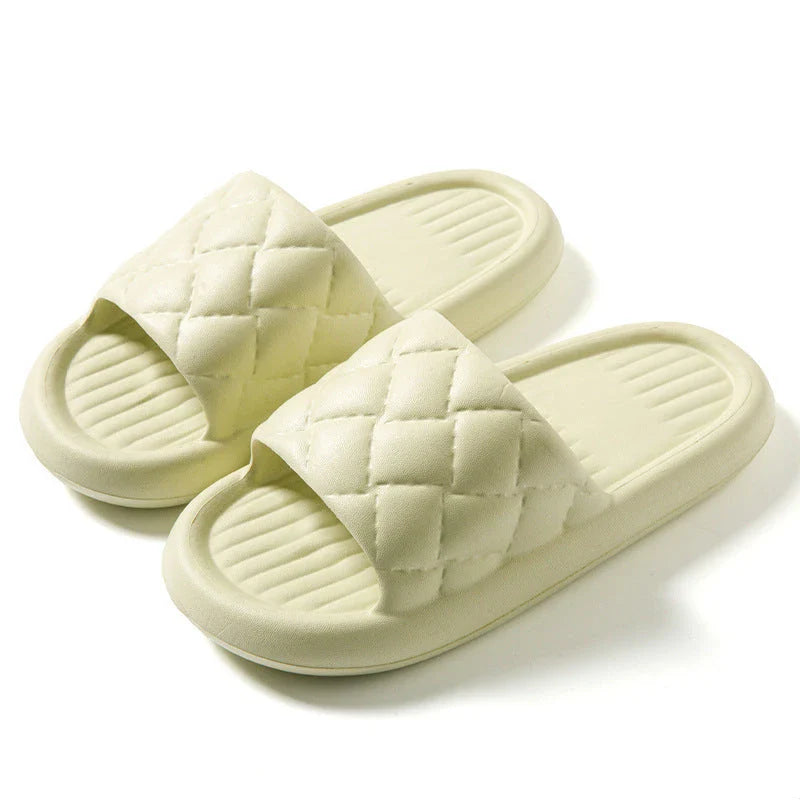 Comfortable and lightweight home slippers with a unique rhombus pattern, waterproof and odor-resistant EVA material, and a non-slip sole for safe indoor wear.
