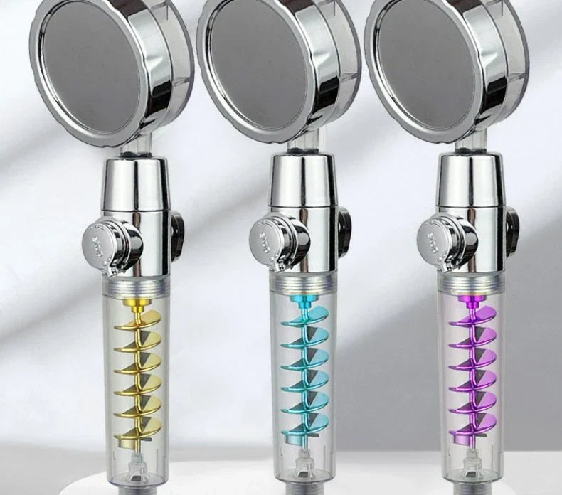Powerful shower head with advanced hydrating features, including bubble, rain, and one-click water stop functions, in sleek and modern design