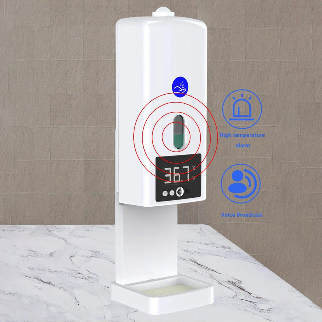 Premium disinfection soap dispenser with temperature monitoring - accurately measures body temperature and provides automatic hand sanitiser dispension for comprehensive hygiene solution