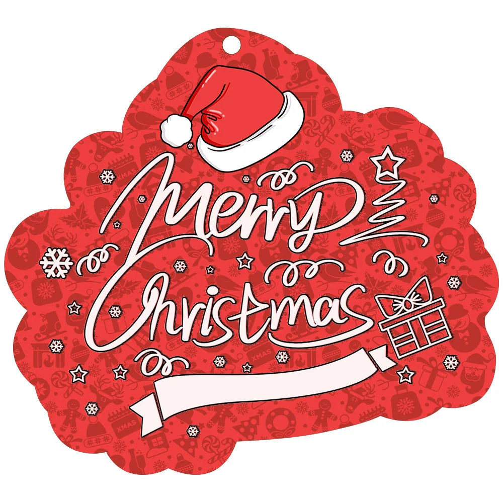 Festive car ornament hanging from rearview mirror with Christmas designs