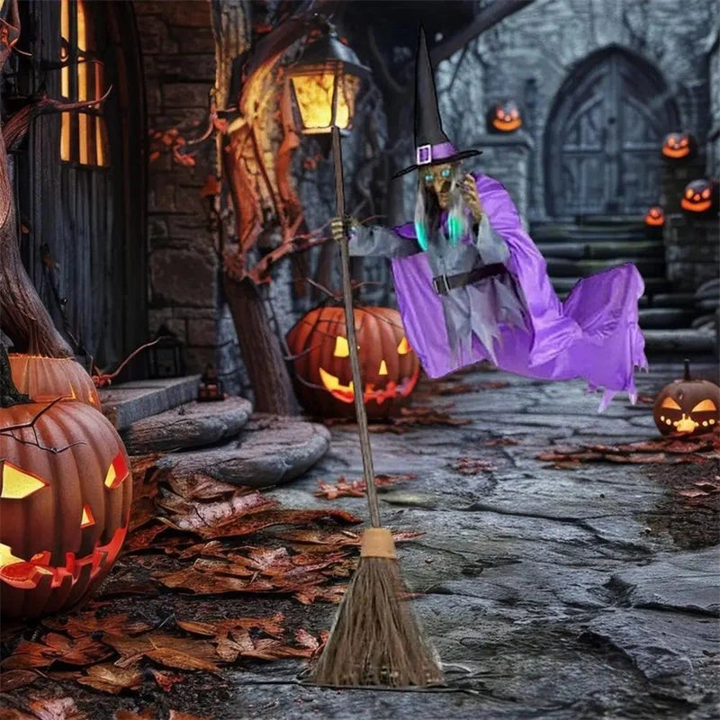 Captivating 6-foot-tall floating witch decoration with lifelike face and dramatic purple skirt, perfect for spooky Halloween displays