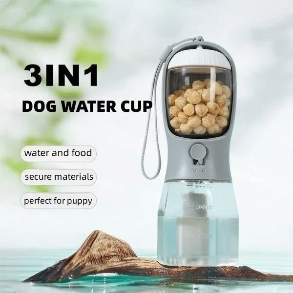 A 3-in-1 pet travel set featuring a water dispenser, food container, and waste bag holder in various color options