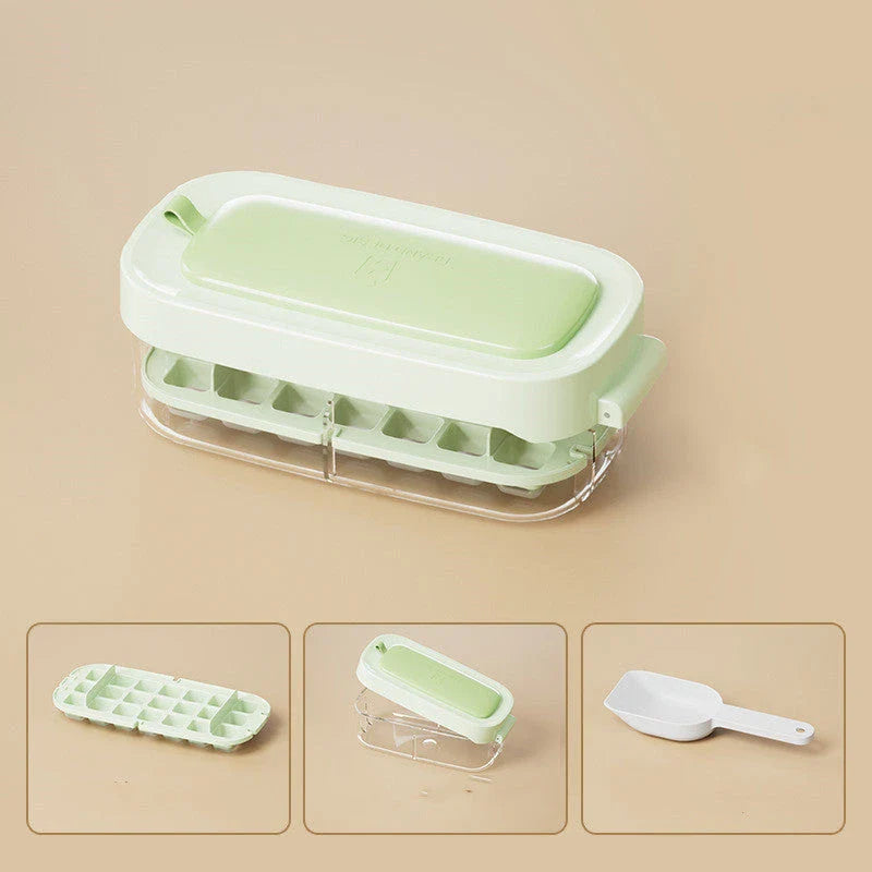 Versatile ice cube tray with high capacity, easy release, and dedicated storage compartment for included ice shovel