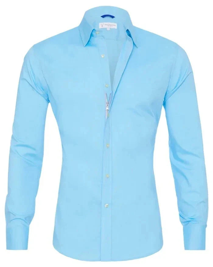 Long sleeve zip-up shirt with button and lapel details in a variety of colors