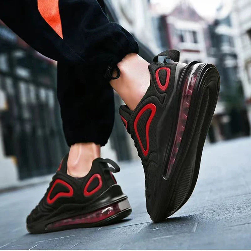 Comfortable black and red air cushion sneakers with lace-up closure for active men
