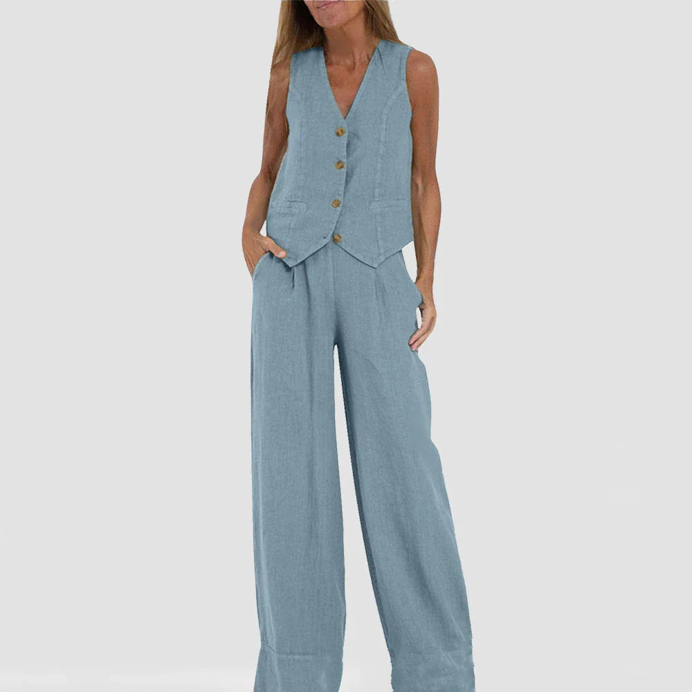 Sleeveless top and straight-leg trousers set in various colors, including apricot, olive green, black, and white.