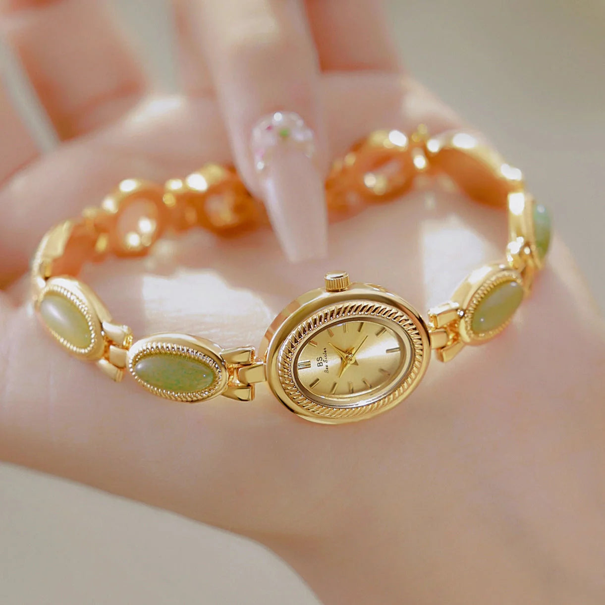 Luxury women's bracelet watch with Hetian Jade and Dongling Stone accents