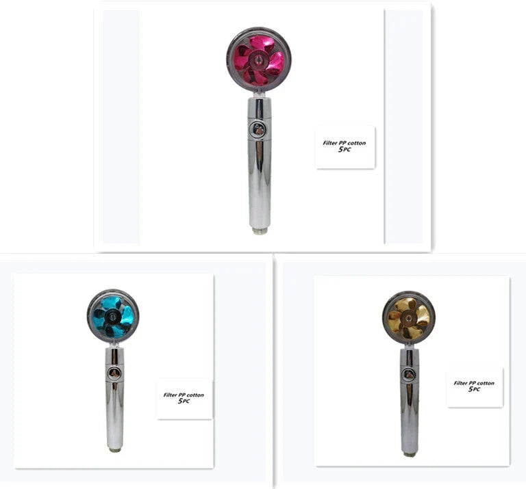 A high-pressure shower head with a stop button, cotton filter, and powerful water pressure for a luxurious bathing experience.