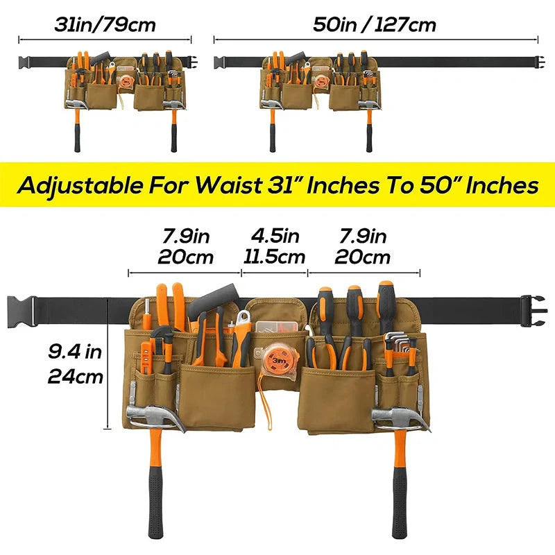 Adjustable tool belt made from durable 900D Oxford cloth with 19 pockets and 20 kg capacity, available in khaki and pink colours