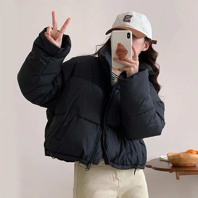 Stylish stand collar cropped parka for women in various colours