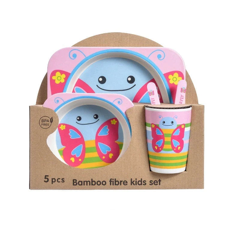 Five-piece bamboo fibre children's tableware set with plates, bowls, cups, spoons, and forks in various animal-themed designs