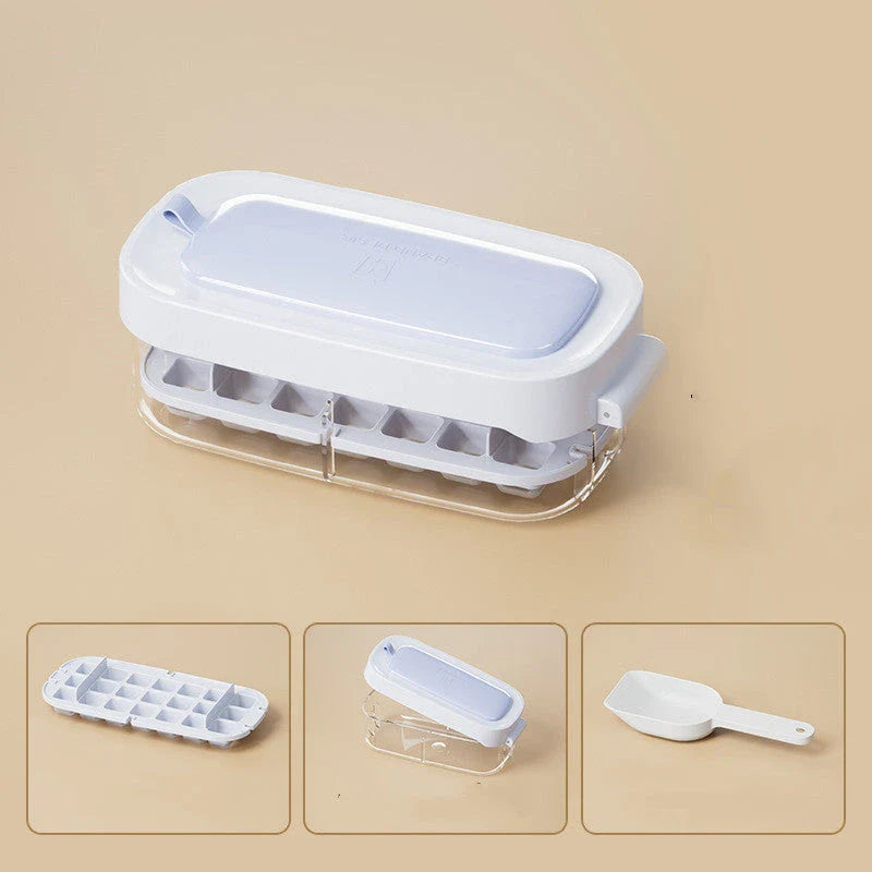 Versatile ice cube tray with high capacity, easy release, and dedicated storage compartment for included ice shovel