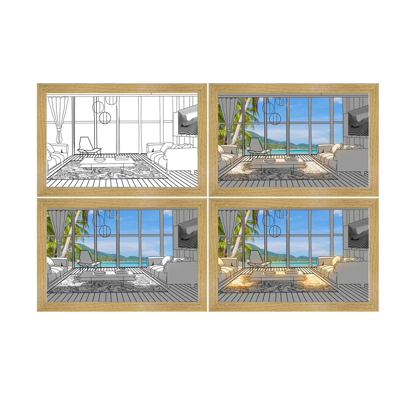 Illuminating LED picture light with customizable lighting modes, showcasing various nature scenes and cityscapes
