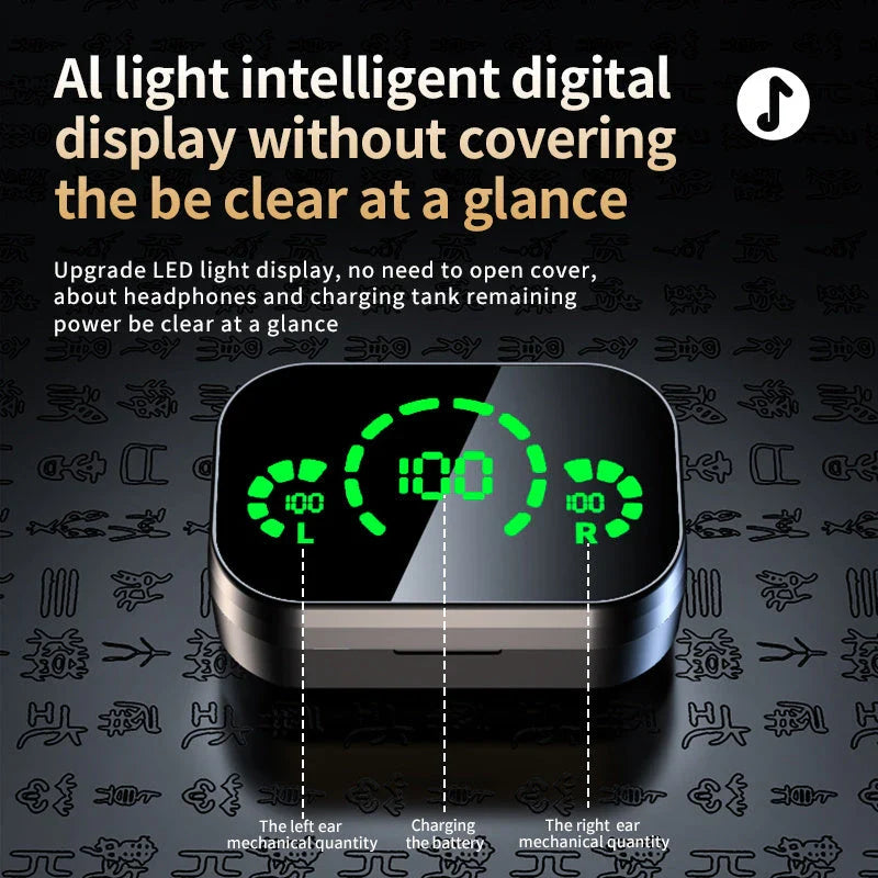 Wireless Bluetooth earbuds with digital display, showing different color and style options