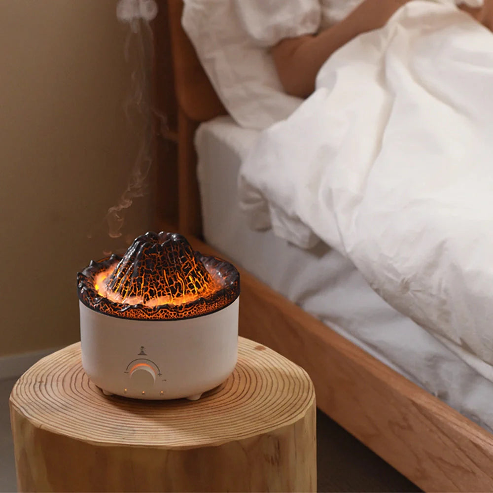 Small simulated flame volcano humidifier with aroma diffuser and remote control