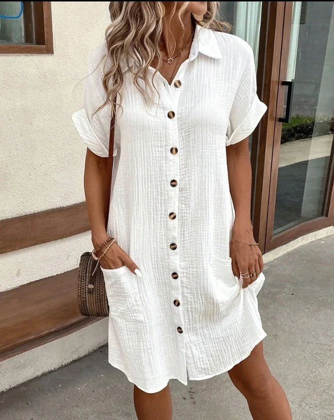 Stylish midi dress with short sleeves, made of premium polyester fabric and available in a range of colours