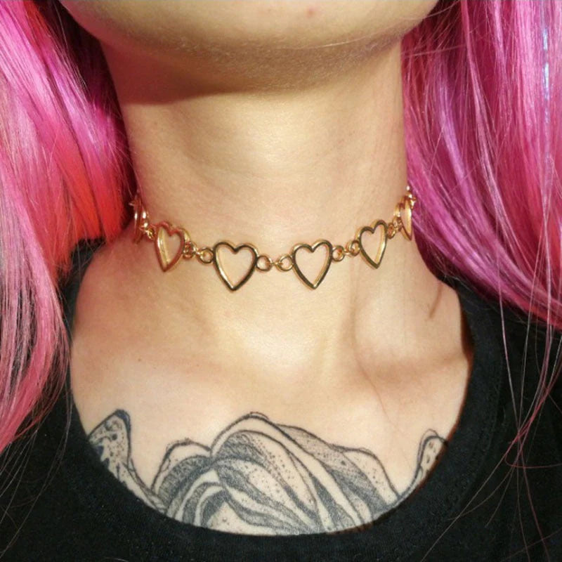 Hollow Korean Sweet Love Heart Choker in silver and gold with adjustable chain