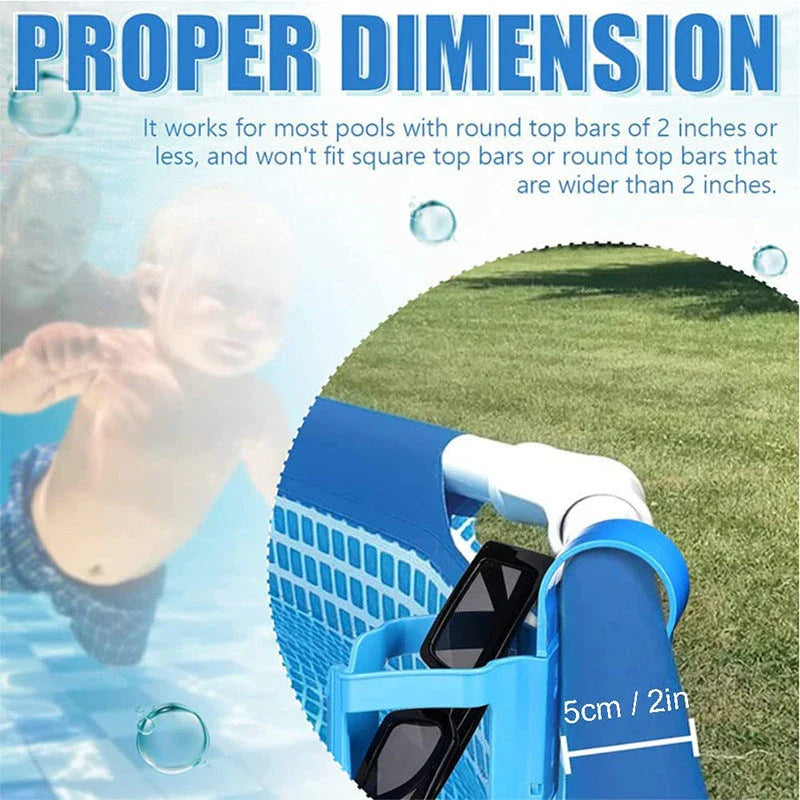 Poolside drink holder attached to the edge of a swimming pool, securely holding a variety of beverage containers.