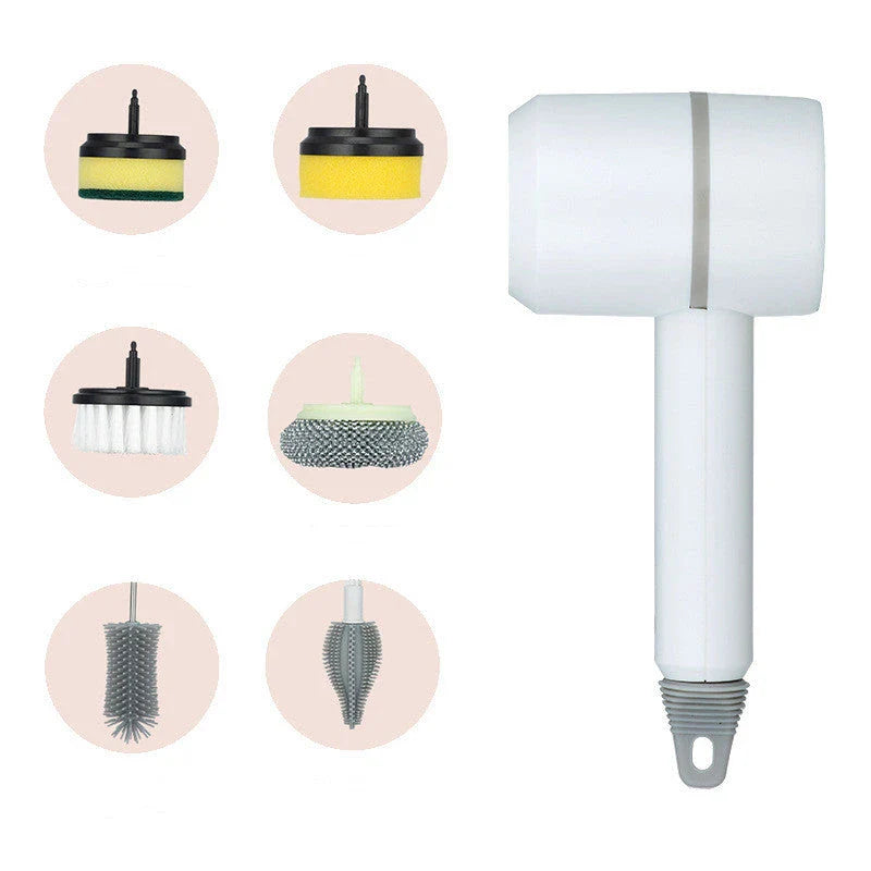 Powerful automatic cordless cleaning brush with interchangeable brush heads for cleaning kitchen, bathroom, and other surfaces
