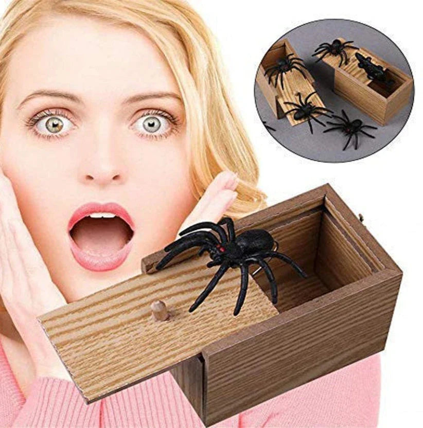 Prank Spider Surprise Box - Realistic Wooden Box That Reveals a Jumping Creature Inside for Practical Jokes and Laughs