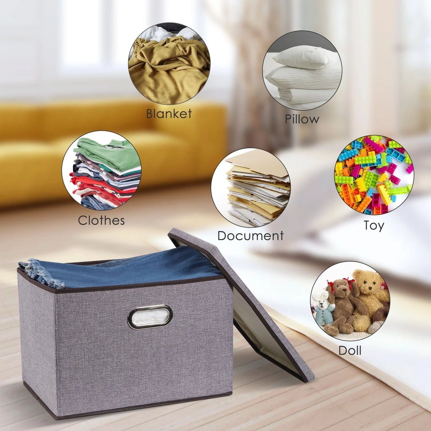 Large folding storage box set in cotton and linen, 44x30x30cm, grey colour