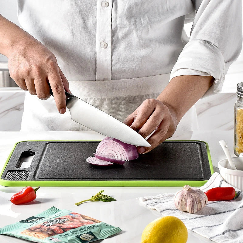 Versatile cutting board with dual-sided design, grinding teeth, and built-in whetstone for efficient chopping, grinding, and knife sharpening in the kitchen