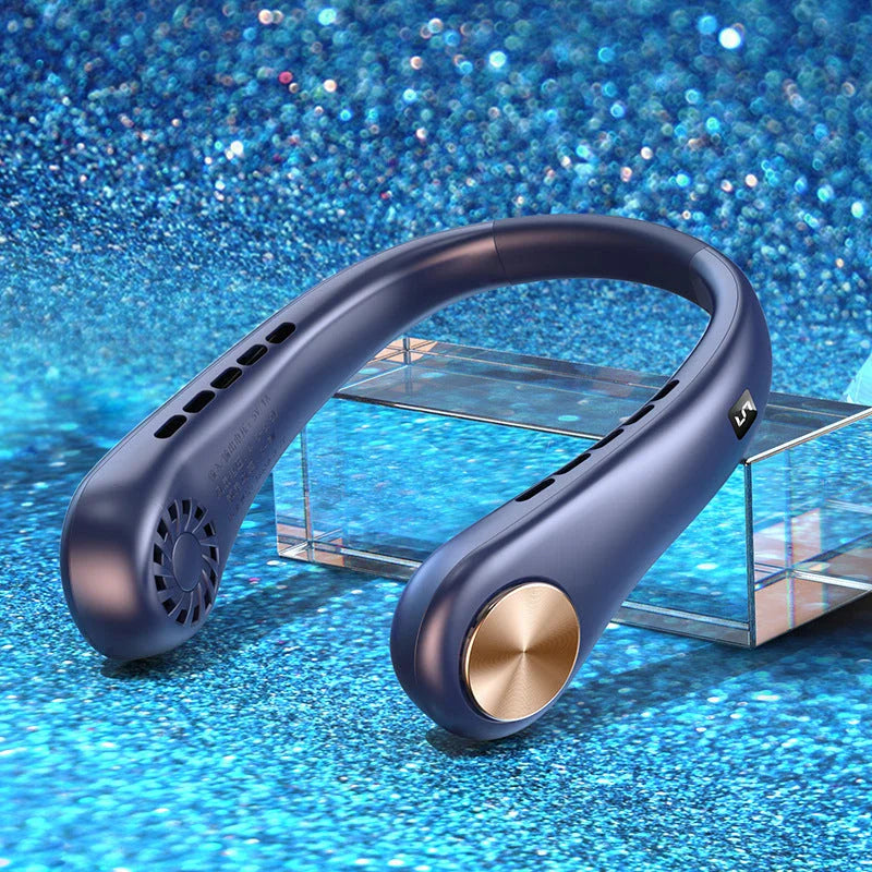 Portable bladeless neck fan with rechargeable air cooler for hands-free cooling in various colors and sizes