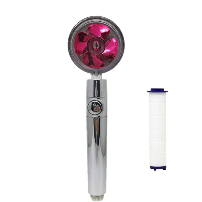 A high-pressure shower head with a stop button, cotton filter, and powerful water pressure for a luxurious bathing experience.