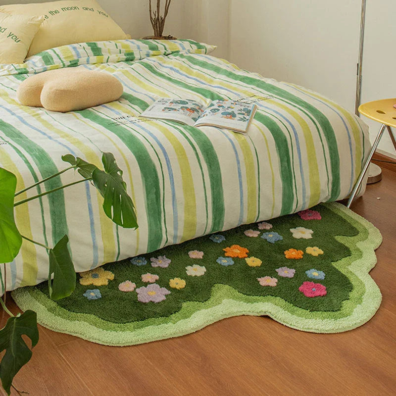 Stylish and cozy floral carpet with vibrant green grass pattern, suitable for living rooms, bedrooms, and entryways