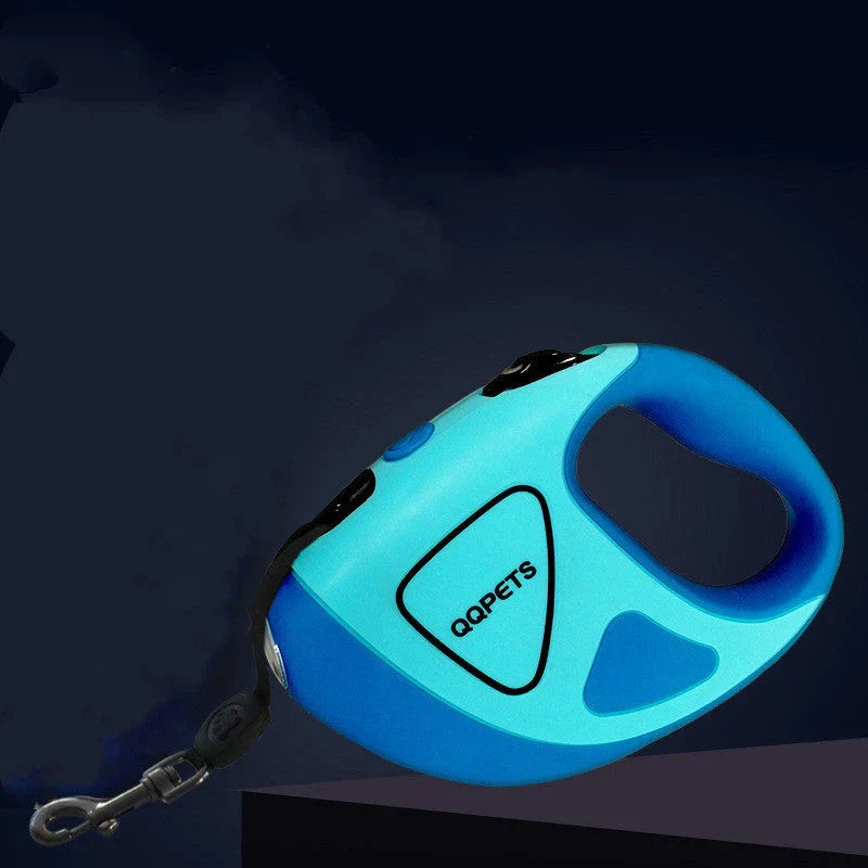 Premium retractable dog leash with luminous safety LED, featuring a rubberized non-slip handle, 360-degree anti-winding design, and durable nylon construction for secure and convenient dog walking.