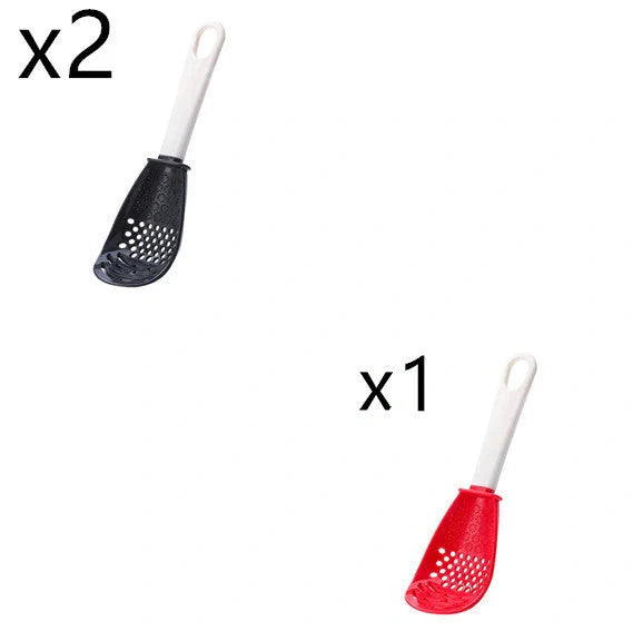 Versatile kitchen spoon for grinding, pressing, and stir-frying in red and black