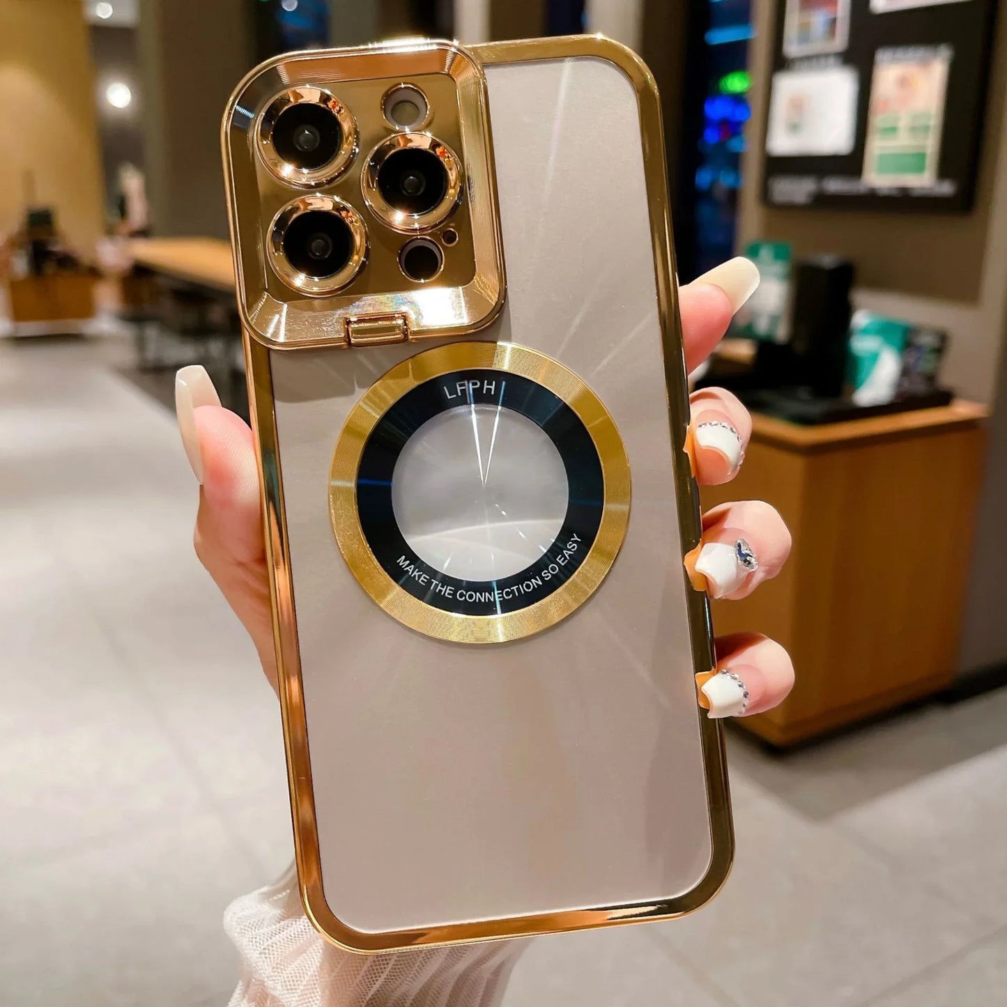 Sleek and stylish Magsafe phone case with invisible camera stand and CD pattern design