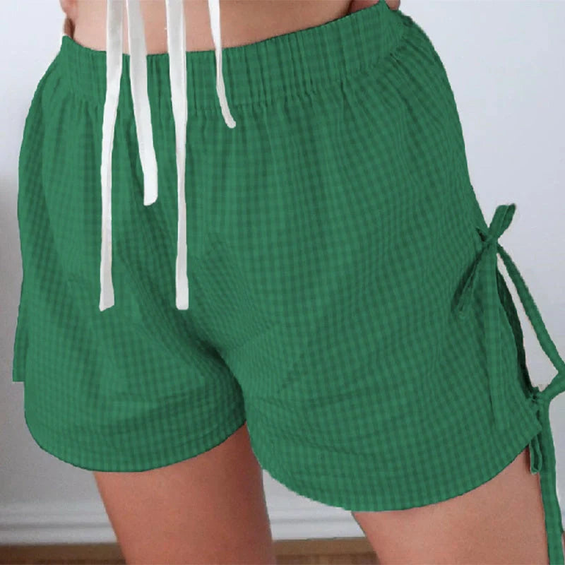 Women's stylish loose plaid shorts with lace-up design for summer