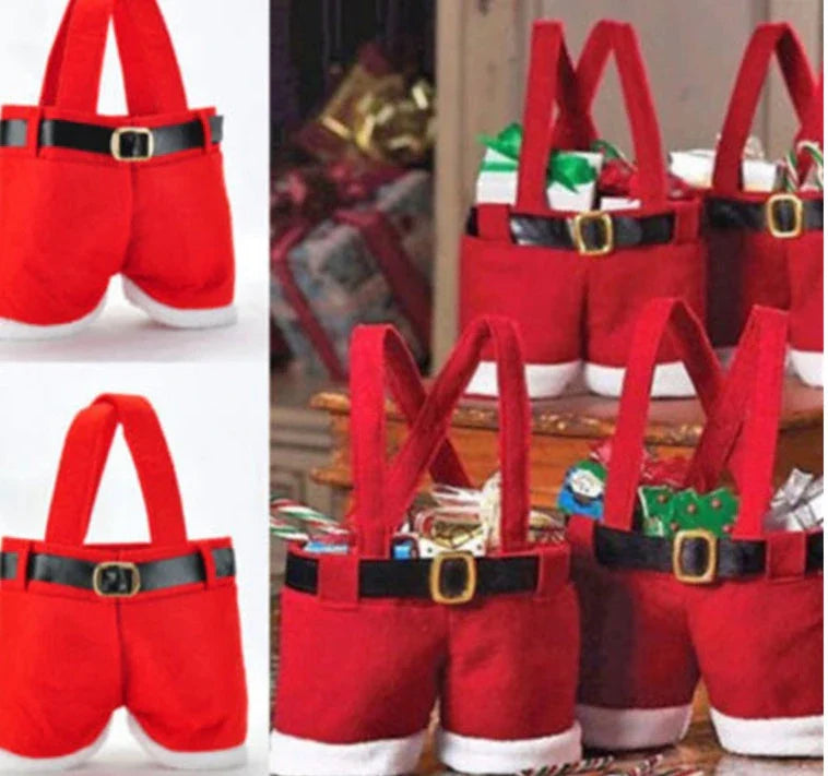 Festive Santa pants-shaped cloth gift bag in red, perfect for holding Christmas candies and small gifts