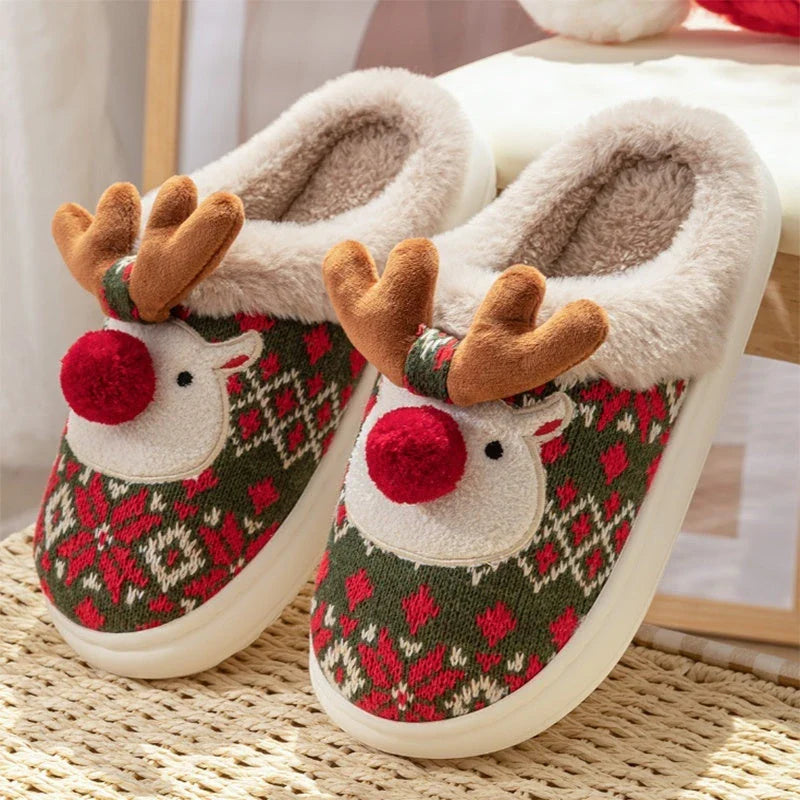 Cozy and festive plush elk-themed slippers in Christmas green and red colors