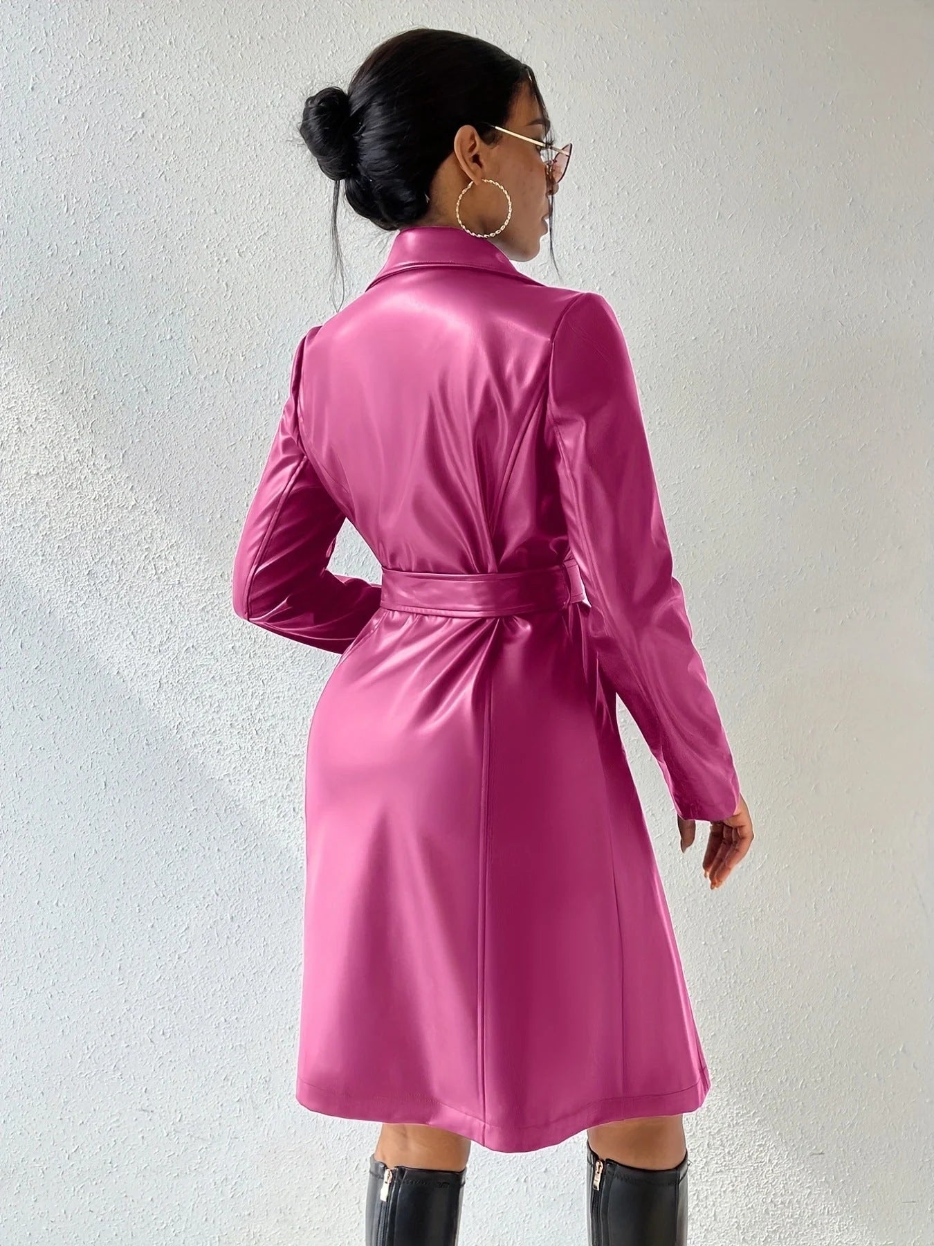 Stylish slim-fit PU leather trench coat for women in various colours, including black, brown, rose red, and wine red.