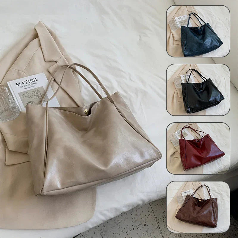 Premium faux leather shoulder bag in various colors, featuring a classic silhouette and roomy interior for everyday convenience.