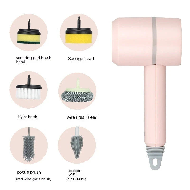 Powerful automatic cordless cleaning brush with interchangeable brush heads for cleaning kitchen, bathroom, and other surfaces