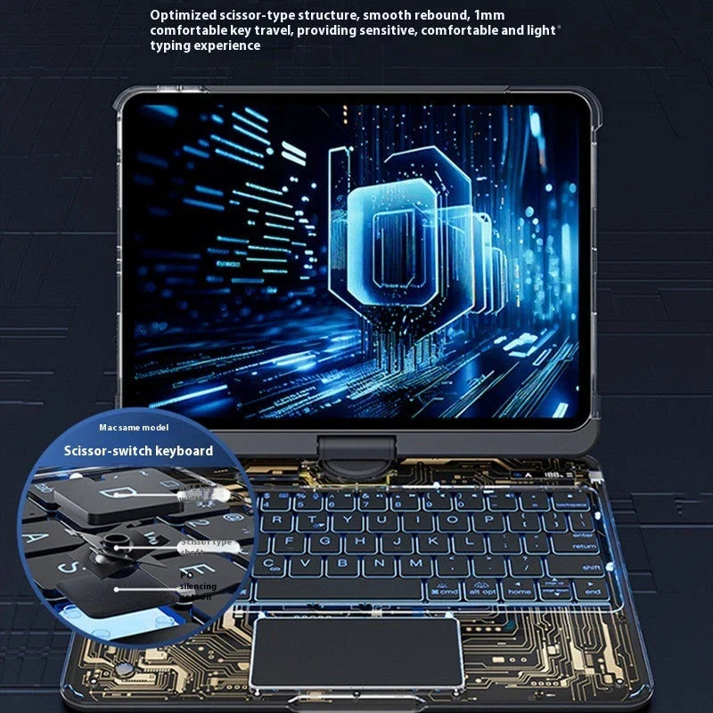 360-degree rotating keyboard case with transparent backplate and built-in Apple Pencil holder for iPad